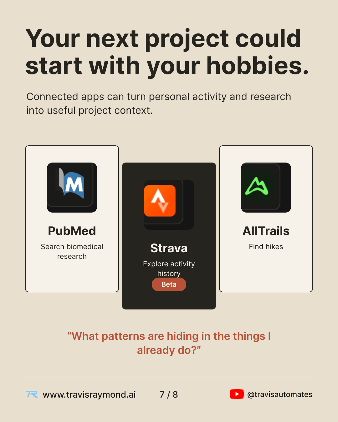 Examples of personal and research connectors including PubMed, Strava, and AllTrails.