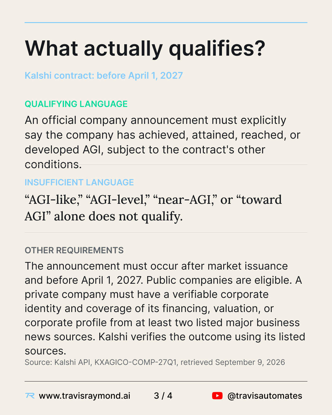 Summary of Kalshi AGI contract rules showing qualifying language, insufficient language, timing requirements, and company verification criteria.
